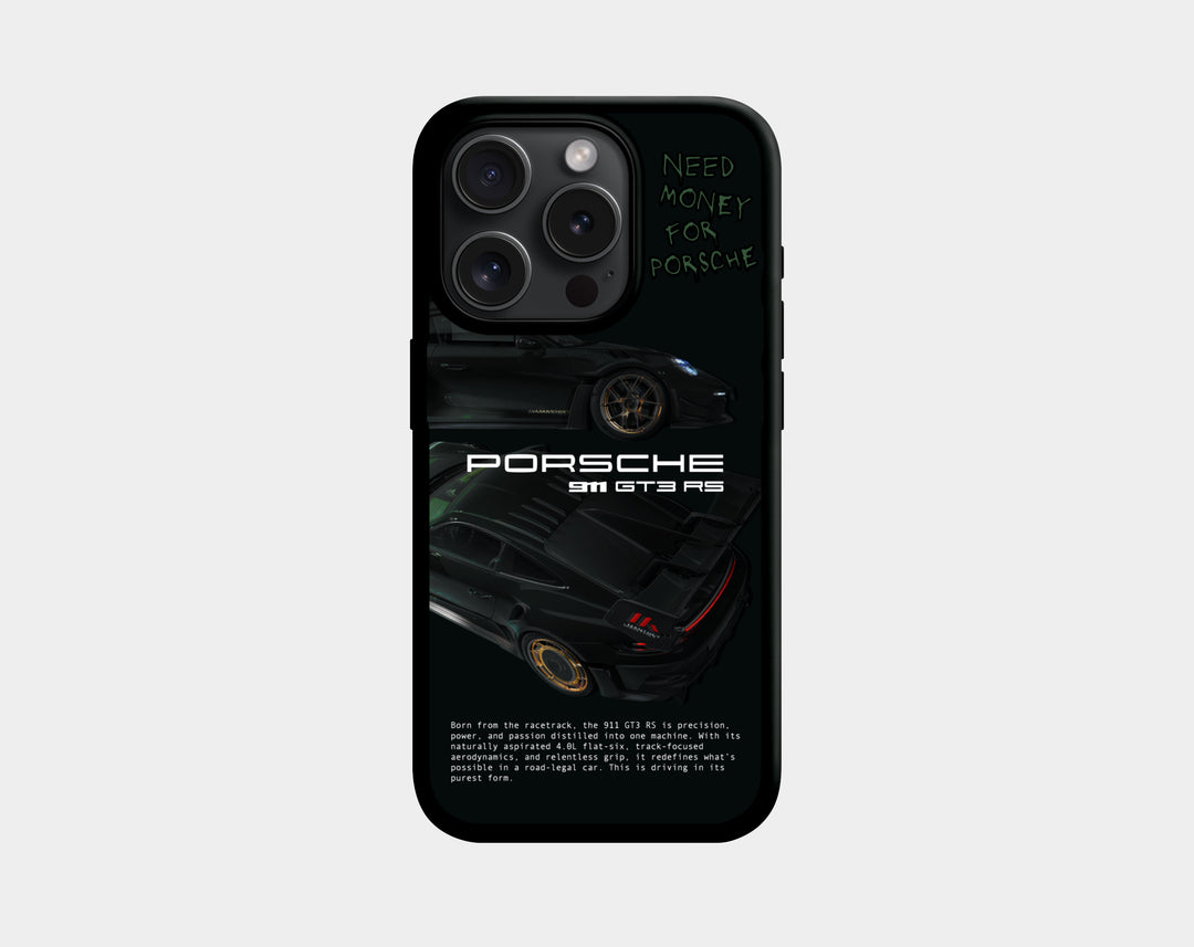 Phone case with Porsche 911 GT3 RS design on a black background